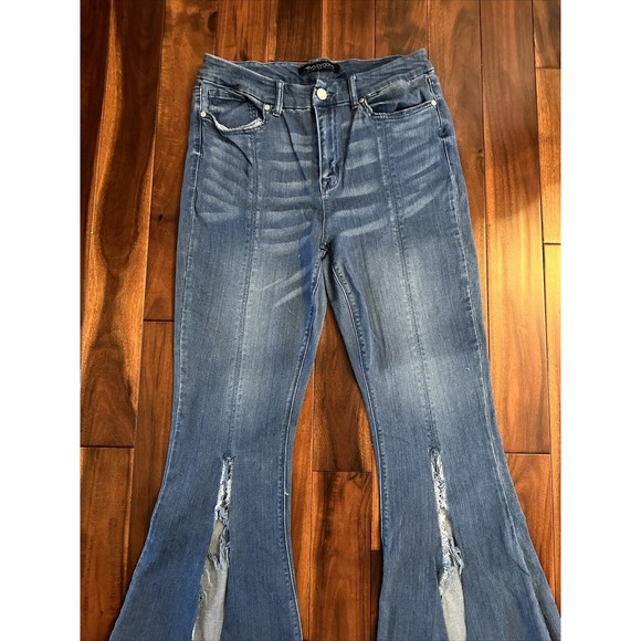 Eva Longoria Flare Distressed Slit Women’s Blue Denim Jeans Size 12 - Picture 4 of 16